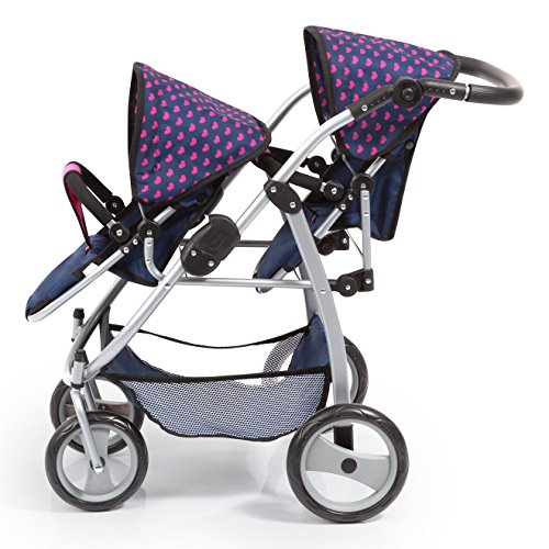 Bayer Design 26554Aa, Carrito Doble Para Muñecas, Cochecito Gemelar Juguet, Altura Regulable, Plegable, Diseño Único Rnio, Azul, Rosa, Color