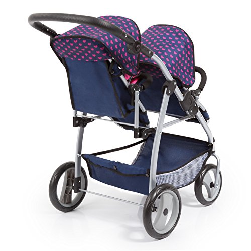 Bayer Design 26554Aa, Carrito Doble Para Muñecas, Cochecito Gemelar Juguet, Altura Regulable, Plegable, Diseño Único Rnio, Azul, Rosa, Color