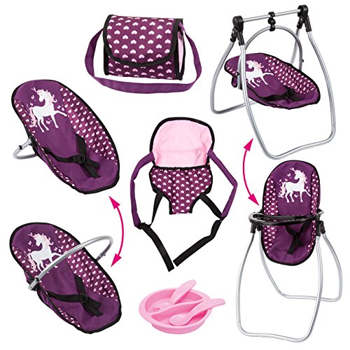 Bayer Design-63637AB Conjunto de Accesorios, Set, Kit con Porta, Bolsa Bandolera, Trona, Columpio, Portador Muñeca, Juguete, Unicornio, Color Rosa con Corazones (63637AB)