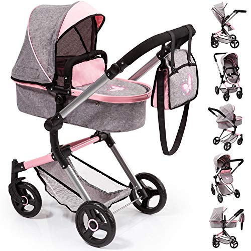 Bayer Design- Cochecito de Muñecas Neo Vario Combolso Cambiador, Convertible, Plegable, Color Vaqueros Grises, Rosa, Mariposa (18433Aa)