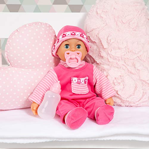 Bayer Design Design-93825AA 93825AA Muñeca primeras Palabras, Habla 24 Sonidos de bebé, con Chupete, biberón, Cuerpo blandito, Rosa, 38cm, Color (93800-pink)