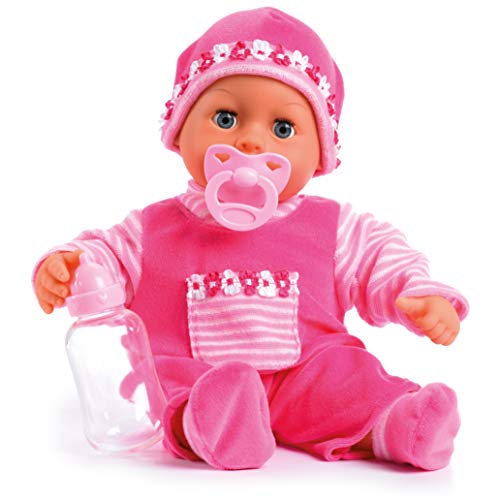 Bayer Design Design-93825AA 93825AA Muñeca primeras Palabras, Habla 24 Sonidos de bebé, con Chupete, biberón, Cuerpo blandito, Rosa, 38cm, Color (93800-pink)