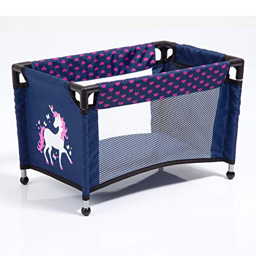 Bayer Design- Juego, Accesorios para muñecos bebé, 11 en 1, Kit Cuna de viaj, Saco de Dormir, Bolsa Bandolera y Productos de Cuidado, Color azul rosa con unicornio (61754AC) , color/modelo surtido