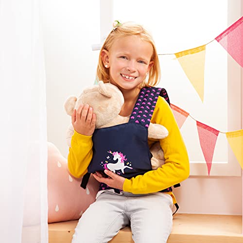 Bayer Design- Portabebés EasyCarry, Transporte, Porta, Accesorios para muñecos, Juguetes para niños, Ajustable, Color azul con unicornio (62254AA)