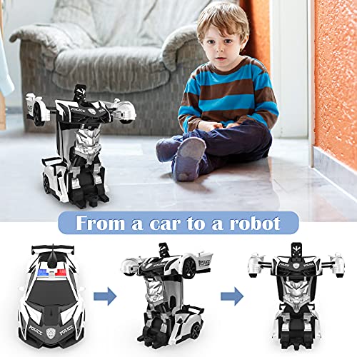 Baztoy Coche Teledirigido, 2 in 1 Coche & Robot Transformar RC Car, 2.4GHz Police Coche Radiocontrol con 360° Rotazione Batería Recargable, Coches de Juguetes Niños 3-12 Años para Regalo Juegos