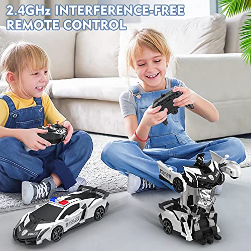 Baztoy Coche Teledirigido, 2 in 1 Coche & Robot Transformar RC Car, 2.4GHz Police Coche Radiocontrol con 360° Rotazione Batería Recargable, Coches de Juguetes Niños 3-12 Años para Regalo Juegos