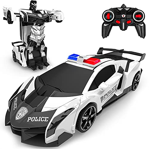 Baztoy Coche Teledirigido, 2 in 1 Coche & Robot Transformar RC Car, 2.4GHz Police Coche Radiocontrol con 360° Rotazione Batería Recargable, Coches de Juguetes Niños 3-12 Años para Regalo Juegos