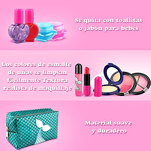 Baztoy Maquillaje para Niñas, 17pcs Juguetes Niños Set Maquillaje Infantil Lavable con Bolso, Pintalabios, Kit Esmalte Uñas para Princesa 3 4 5 6 7 8 9 10 años Juegos Regalo Cumpleaños Fiesta Navidad