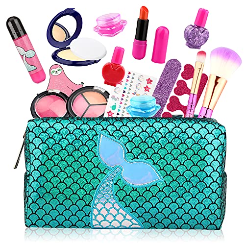 Baztoy Maquillaje para Niñas, 17pcs Juguetes Niños Set Maquillaje Infantil Lavable con Bolso, Pintalabios, Kit Esmalte Uñas para Princesa 3 4 5 6 7 8 9 10 años Juegos Regalo Cumpleaños Fiesta Navidad