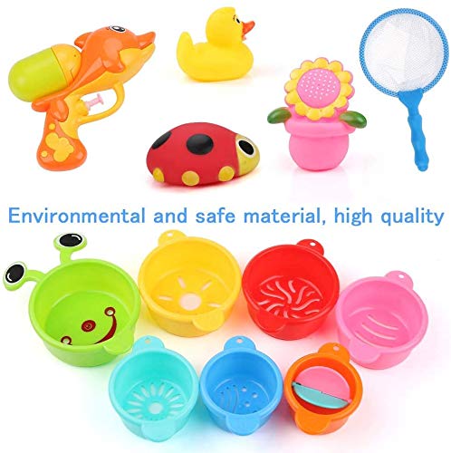 BBLIKE Juguetes Bañera, 19 PCS Almacenamiento de Juguetes Baño para Bebés con Pistola de Agua, Red de Pesca, Vasos Apilables