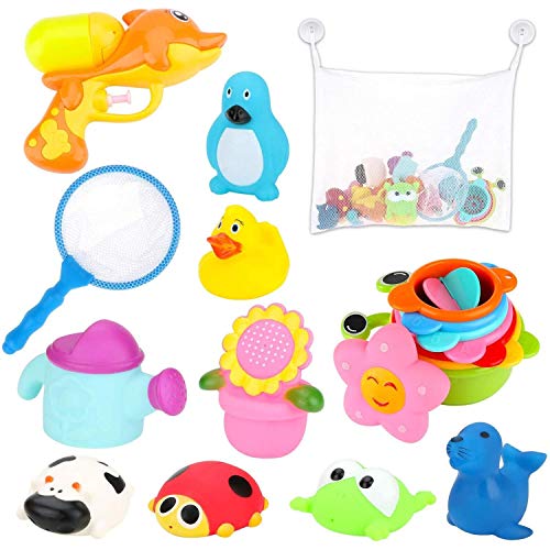 BBLIKE Juguetes Bañera, 19 PCS Almacenamiento de Juguetes Baño para Bebés con Pistola de Agua, Red de Pesca, Vasos Apilables