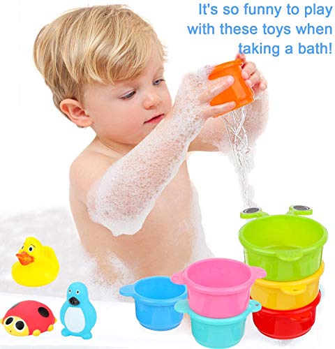 BBLIKE Juguetes Bañera, 19 PCS Almacenamiento de Juguetes Baño para Bebés con Pistola de Agua, Red de Pesca, Vasos Apilables