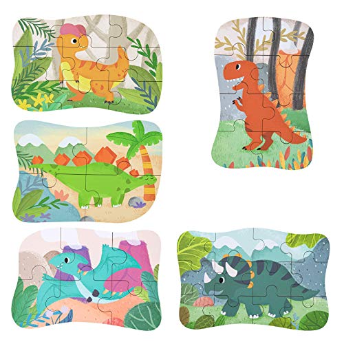 BBLIKE Puzzle Infantil de Dinosaurios para niños, puzle de 5 imágenes, puzle de Madera, Adecuado para niños y niñas a Partir de 3, 4 y 5 años (Rompecabezas de Dinosaurios)