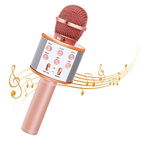 Bearbro Micrófono Inalámbrico Bluetooth，Micrófono Karaoke Bluetooth Portátil con Función Selfie para Niños Canta Partido Musica, Compatible con Android/iOS PC, AUX o Teléfono Inteligente (oro rosa)