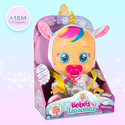 Bebés Llorones Fantasy Dreamy Unicornio - Muñeca interactiva que llora de verdad con chupete y pijama brillante de Unicornio