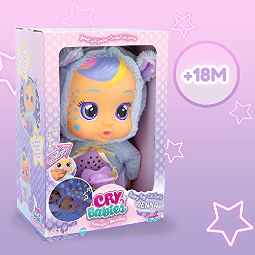 BEBÉS LLORONES Goodnight Starry Sky Jenna | Suave muñeca quitamiedos para dormir, que llora lágrimas LED, proyecta cielo de estrellas con música relajante | Regalo y muñeca ideal para niños de +2 años