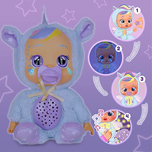 BEBÉS LLORONES Goodnight Starry Sky Jenna | Suave muñeca quitamiedos para dormir, que llora lágrimas LED, proyecta cielo de estrellas con música relajante | Regalo y muñeca ideal para niños de +2 años