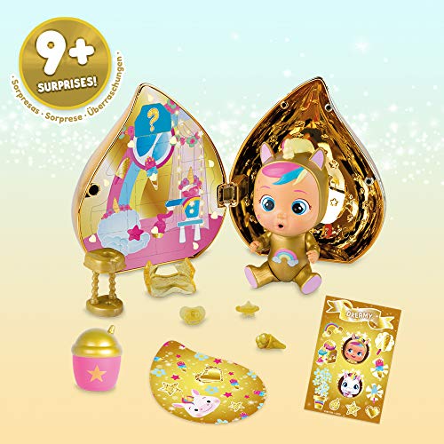 Bebés Llorones Lágrimas Mágicas Casita Dorada (Golden Edition)- Mini bebé llorón sorpresa coleccionable con lágrimas y accesorios dorado; muñeca para niña y niño de +3 años