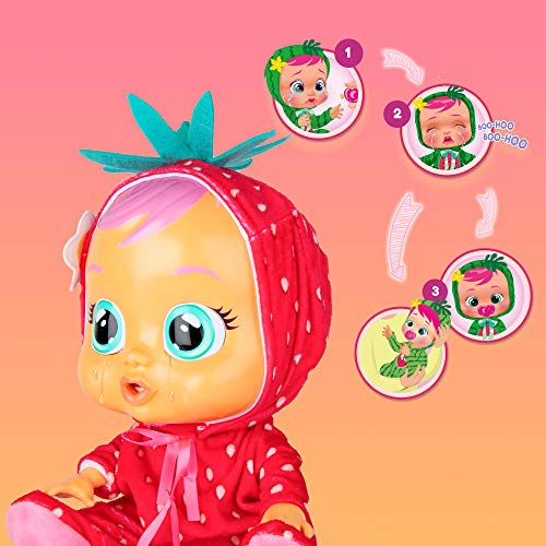 Bebés Llorones Tutti Frutti Ella + 1 pijama - Pack de 1 muñeca interactiva que llora y con olor fresa y 1 pijama adicional de Pavo Real