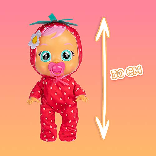 Bebés Llorones Tutti Frutti Ella + 1 pijama - Pack de 1 muñeca interactiva que llora y con olor fresa y 1 pijama adicional de Pavo Real