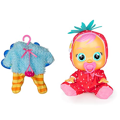 Bebés Llorones Tutti Frutti Ella + 1 pijama - Pack de 1 muñeca interactiva que llora y con olor fresa y 1 pijama adicional de Pavo Real