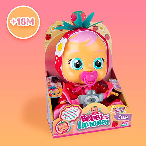 BEBÉS LLORONES Tutti Frutti Ella, la fresa Muñeca interactiva que llora de verdad con chupete y pijama con olor a fruta, muñeco para niñas y niños +18 meses