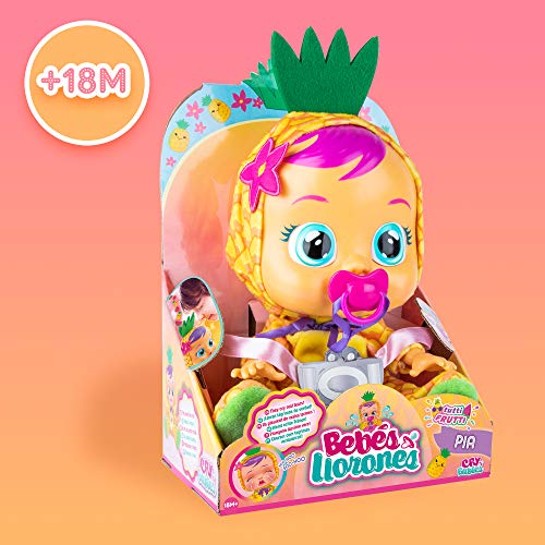 BEBÉS LLORONES Tutti Frutti Pia, la piña Muñeca interactiva que llora de verdad con chupete y pijama de Piña con olor a fruta muñeco para niñas y niños a partir de 18 meses