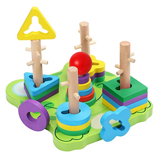 Belle Vous Juguete Educativo Madera Forma de Rana (23 Piezas) Puzzles Infantiles Madera - Apilador Geométrico para Bebés/Preescolar/Niños – Desarrollo Aprendizaje Temprano – Reconocer Colores