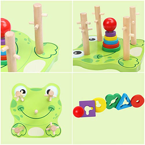 Belle Vous Juguete Educativo Madera Forma de Rana (23 Piezas) Puzzles Infantiles Madera - Apilador Geométrico para Bebés/Preescolar/Niños – Desarrollo Aprendizaje Temprano – Reconocer Colores