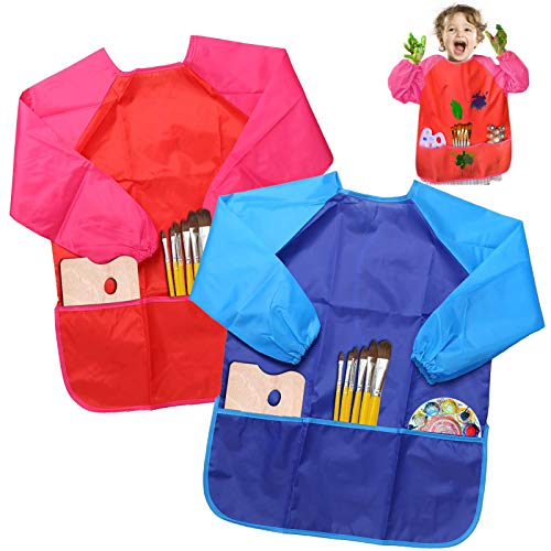 BelleStyle Delantales de Niños, 2 Pack Delantal para Cocina y la Pintura para 3-6 Años Niños (Azul and Rojo) (Blue and Red)