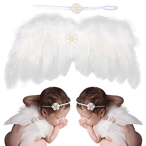 BESLIME Recien Nacido Fotografia Kit, Bebe Plumas Angel Alas con Diadema Set, Bebe Fotografía Accesorios prop Disfraz - Blanco