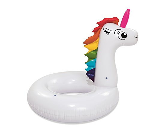 BESTWAY 36123 - Flotador Hinchable Unicornio Fantasía Blanco con Melena Arcoíris y Cuerno Rosa para 1 Persona 136x131 cm con Válvulas de Seguridad y Parche