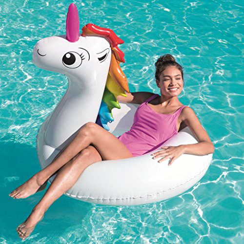 BESTWAY 36123 - Flotador Hinchable Unicornio Fantasía Blanco con Melena Arcoíris y Cuerno Rosa para 1 Persona 136x131 cm con Válvulas de Seguridad y Parche