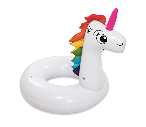 BESTWAY 36123 - Flotador Hinchable Unicornio Fantasía Blanco con Melena Arcoíris y Cuerno Rosa para 1 Persona 136x131 cm con Válvulas de Seguridad y Parche