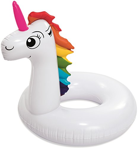 BESTWAY 36123 - Flotador Hinchable Unicornio Fantasía Blanco con Melena Arcoíris y Cuerno Rosa para 1 Persona 136x131 cm con Válvulas de Seguridad y Parche