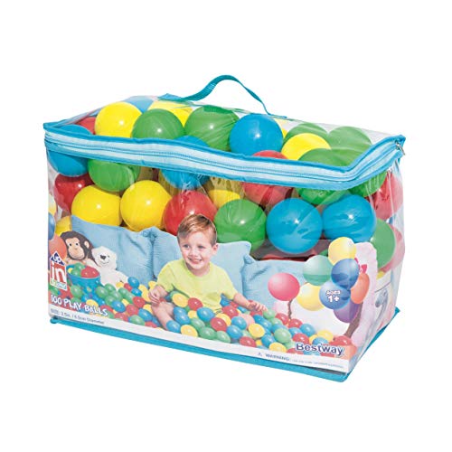 BESTWAY 52027 - Bolas de Colores para Piscina de Bolas Hinchable 100 Unidades de PVC con Bolsa de Transporte 4 Azul, Amarillo, Verde y Rosa Diámetro 6,4 cm