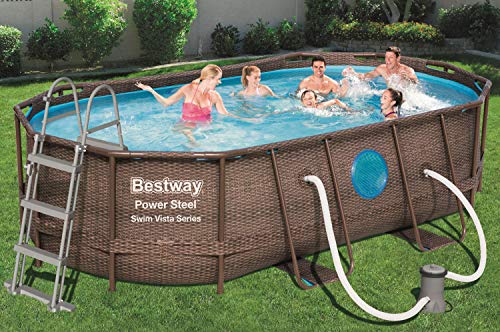 BESTWAY - Piscina Desmontable Tubular Power Steel 427x250x100 cm Depuradora Cartucho 2.006 l/h Escalera y Cobertor Diseño Rattan