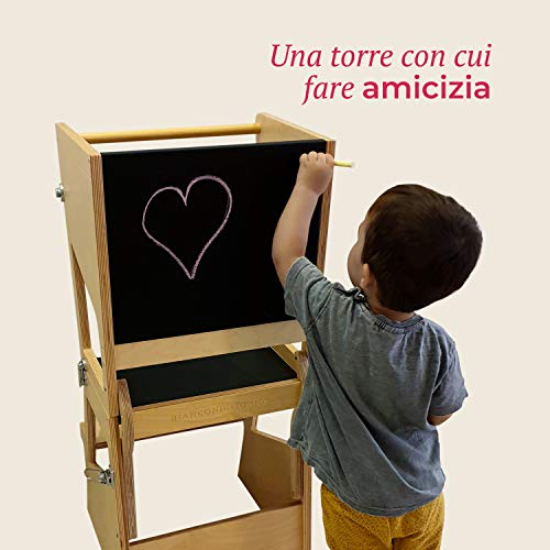 Bianconiglio Kids ® Moka TRS Torre de Aprendizaje Montessori Acabado Transparente, Madera Vista, Regulable en Altura, Convertible en Mesa. 5 Posiciones en 1 Objeto