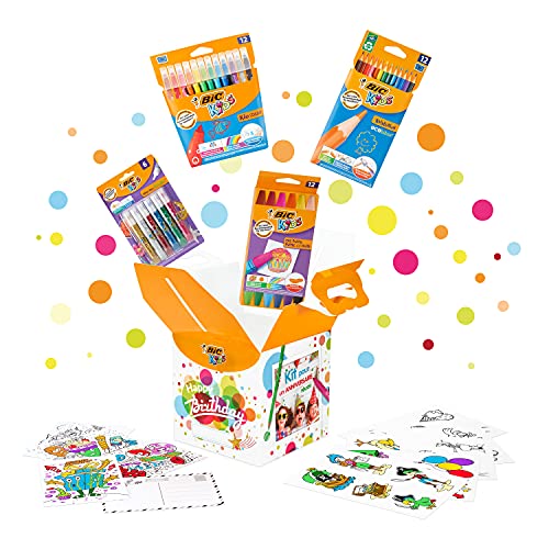 BIC Kids Caja de colores de Cumpleaños - 12 Lápices de colores /12 rotuladores de colores /12 Ceras Blandas /6 Tubos de Pegamento con Purpurina /30 Adhesivos y 24 Tarjetas para Colorear