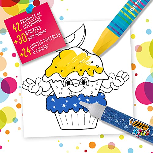 BIC Kids Caja de colores de Cumpleaños - 12 Lápices de colores /12 rotuladores de colores /12 Ceras Blandas /6 Tubos de Pegamento con Purpurina /30 Adhesivos y 24 Tarjetas para Colorear