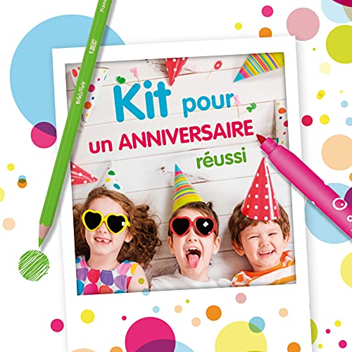 BIC Kids Caja de colores de Cumpleaños - 12 Lápices de colores /12 rotuladores de colores /12 Ceras Blandas /6 Tubos de Pegamento con Purpurina /30 Adhesivos y 24 Tarjetas para Colorear