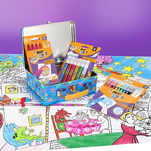 BIC Kids Maletín de Colores para Niños con 12 Rotuladores, 12 Ceras, 6 Tubos de Pegamento con Purpurina y 1 Dibujo para Colorear