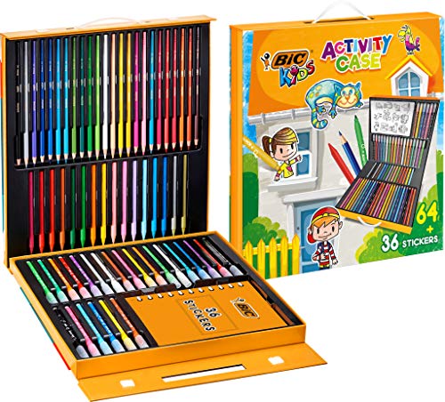 BIC Kids Maletín para Niños con 24 Lápices de Colores, 24 Rotuladores, 16 Ceras y 36 Adhesivos, Material Escolar