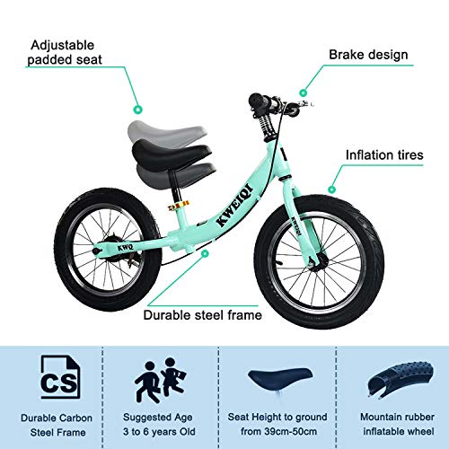 Bicicleta Balance Sin Pedales, Bici con Ruedas De 14" para Niños De 3-7 Años, Balance Bici con Sillín Ajustable, Neumáticos Inflables para Aprendizaje De Equilibrio (Máximo 30 Kg),Verde