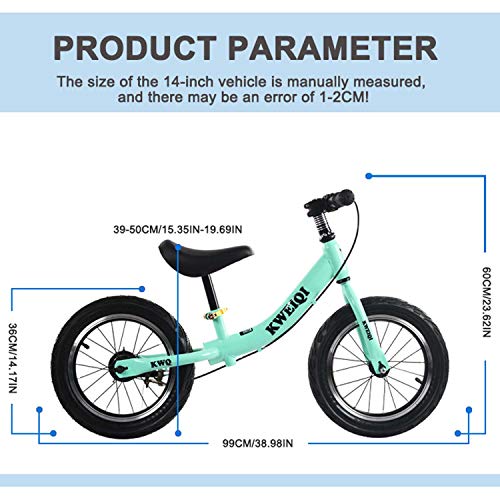 Bicicleta Balance Sin Pedales, Bici con Ruedas De 14" para Niños De 3-7 Años, Balance Bici con Sillín Ajustable, Neumáticos Inflables para Aprendizaje De Equilibrio (Máximo 30 Kg),Verde