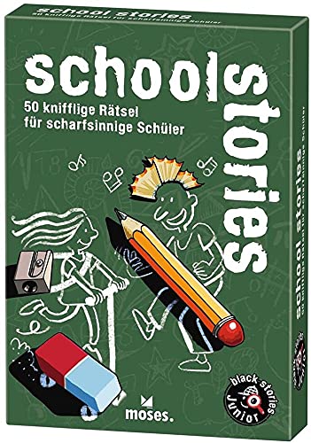 Black Stories Junior - Juego de cartas escolares y detective Stories (incluye 2 pegatinas de salida y 1 póster de ilusión óptica)