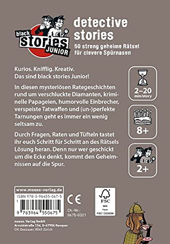 Black Stories Junior - Juego de cartas escolares y detective Stories (incluye 2 pegatinas de salida y 1 póster de ilusión óptica)