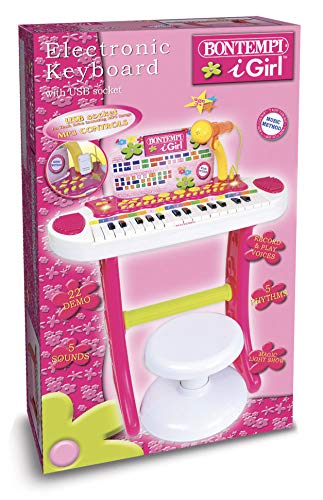 Bontempi 31 Llave Elec. Teclado I Chica con MICR. Patas y Taburete + Enchufe USB para Flash Drive, Multicolor (I Com S.p.A. Bontempi133672)