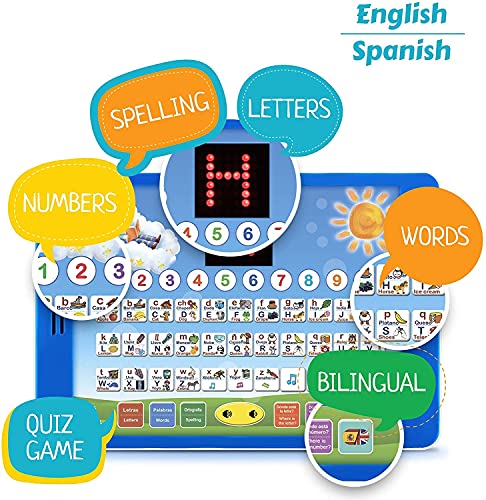 Boxiki kids Tablet Educativa de Juguete Bilingüe Español-Inglés Pantalla LCD por Pad Toca y Enseña para niños aprendiendo Español e Inglés. Juegos ABC, Deletreo, Juegos, Melodias Divertidas