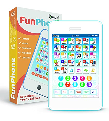 Boxiki kids Teléfono Infantil con 6 Juegos Didácticos Tableta Interactiva y Didáctica para Aprender Juegos de Números, Letras, Deletreo, “Dónde Está?” Y Melodías | Juguete Educativo